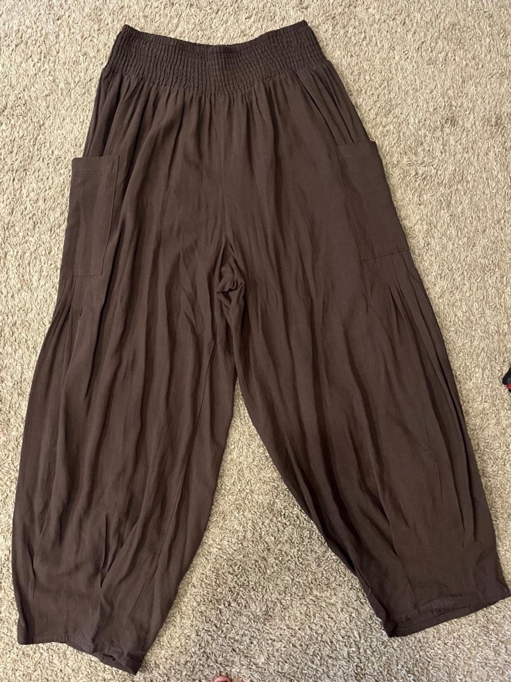 Tarse Brown Smocked Waist Barrel Leg Harem Pants Oversized Pockets Wide Leg - Picture 2 of 7
